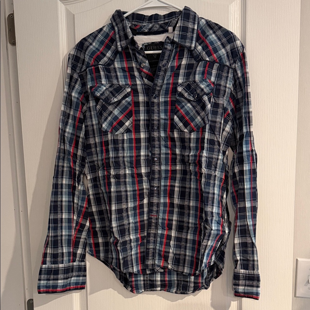 Guess Blue and Red Plaid Casual Button Down Shirt